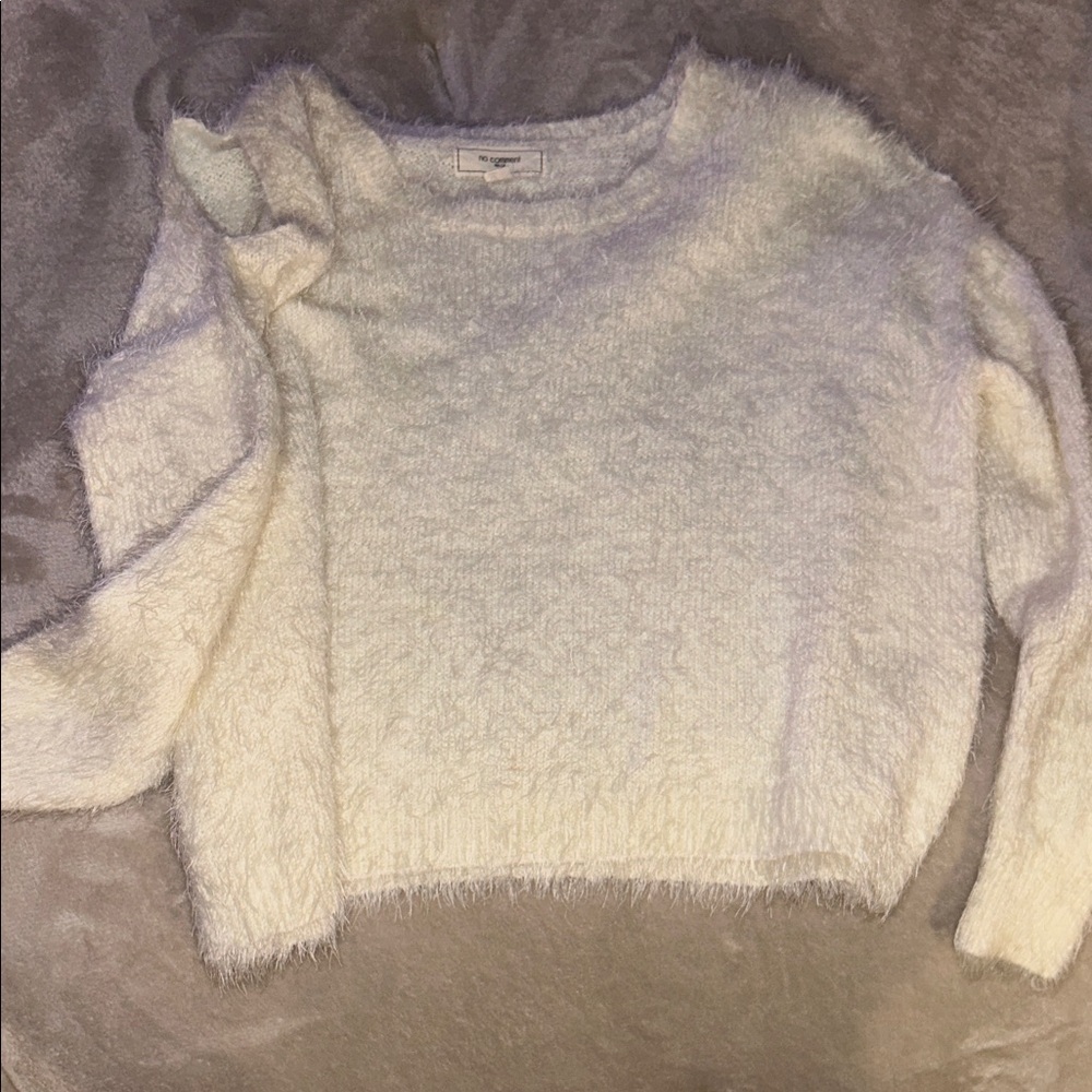 Cozy Cold Shoulder Fuzzy Angora mix Crewneck Sweater - Cream